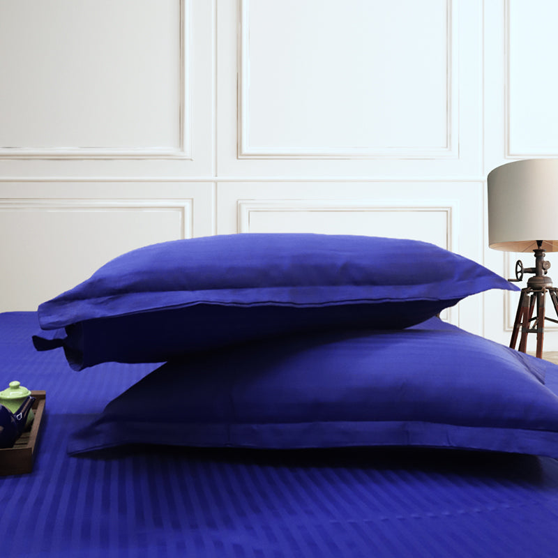 Le Coton Striped Solid Cotton Bedsheet (Dark Blue) - 250 TC media 5