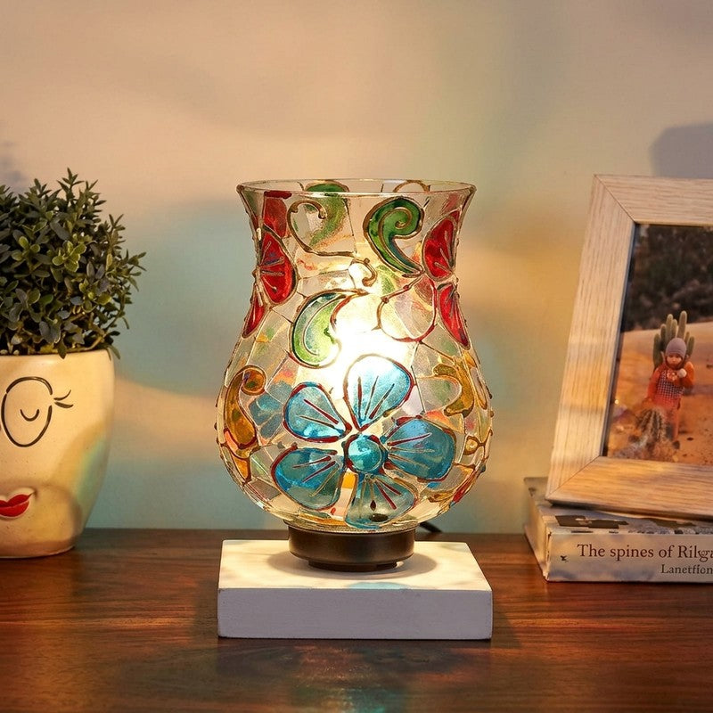 Luminae Mosaic Glass Table Lamp With Wooden Base - Multicolor