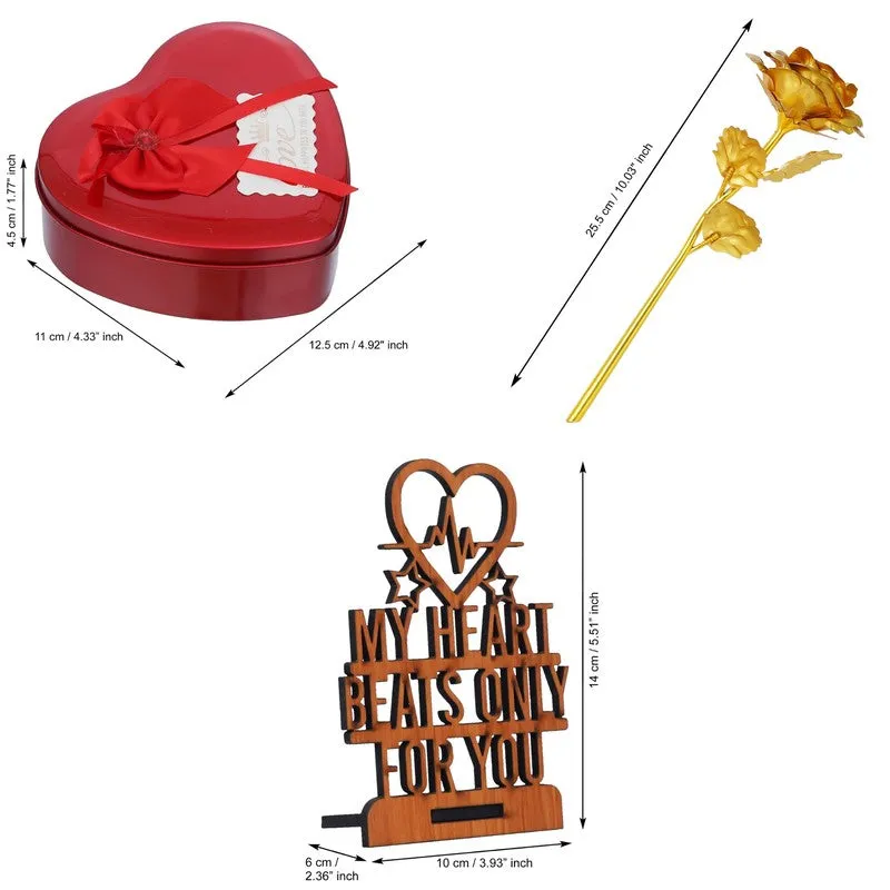 Three-piece gift set shown with heart box, gold rose and wooden plaque