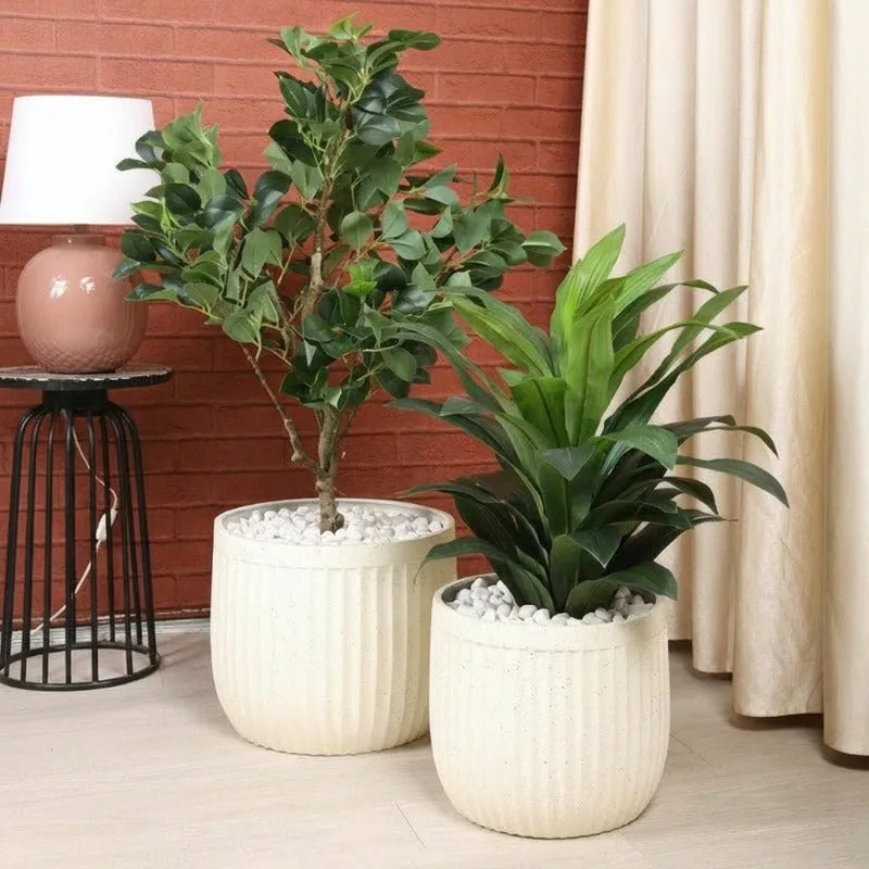 Two off-white ribbed planters with plants styled in a warm interior.