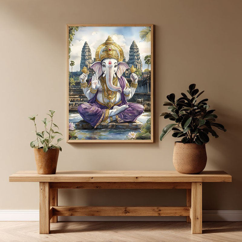Divine Gajavaktra Spiritual Archival Paper Wall Painting - Natural Brown Frame