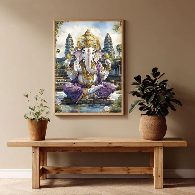 Divine Gajavaktra Spiritual Archival Paper Wall Painting - Natural Brown Frame media 1