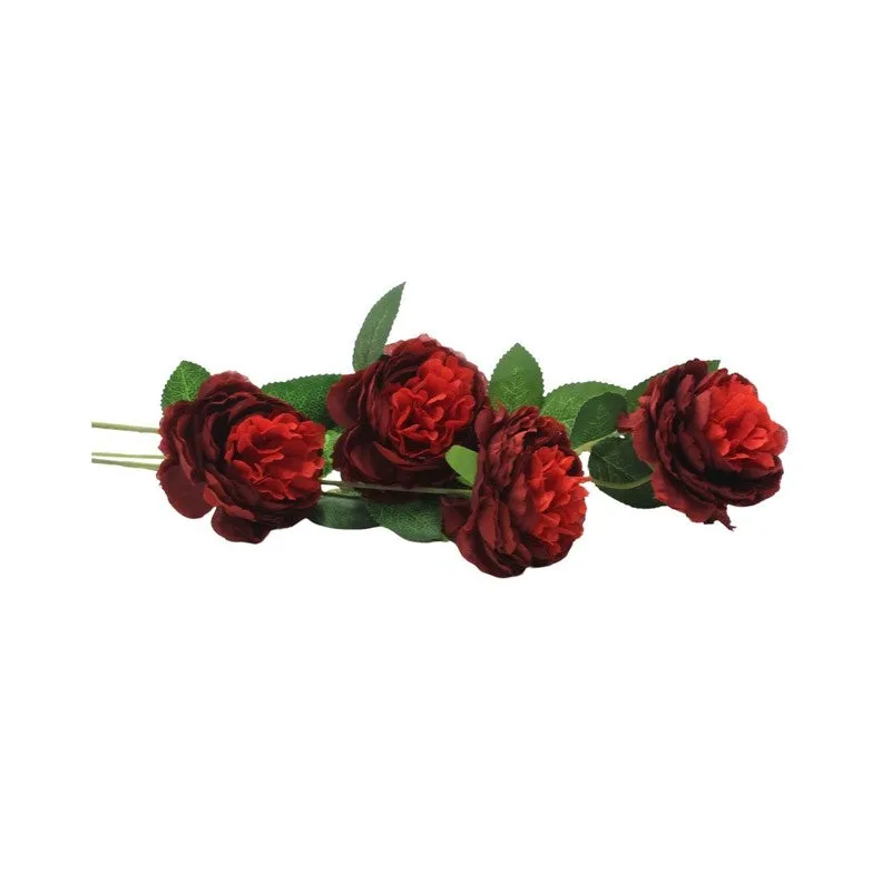 Close-up of red artificial rose flowers and green leaves shown horizontally.