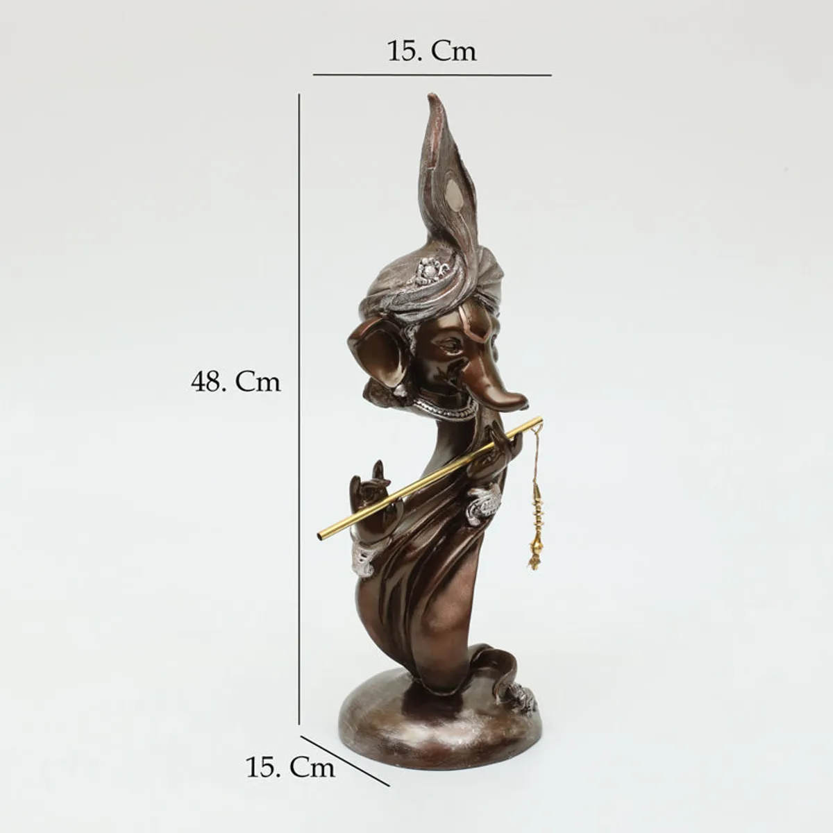 Brown Ganesha showpiece on a white background with dimension guide lines