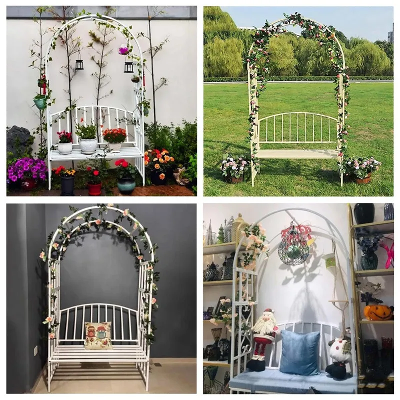 Arch Arbor Metal Outdoor Bench With Planter Stand - White media 7