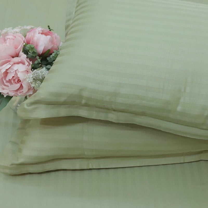 Le Coton Striped Solid Cotton Bedsheet (Olive Green) - 250 TC media 5