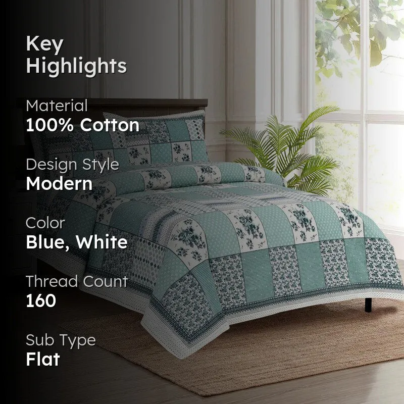 Yuna Floral Cotton Bedsheet (Blue,White) - 160 TC media 2
