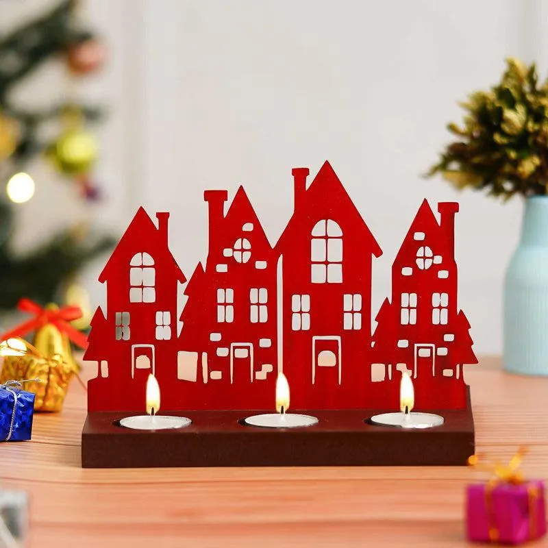 Holiday Village Wood Christmas Tea Light holder - Red media 3