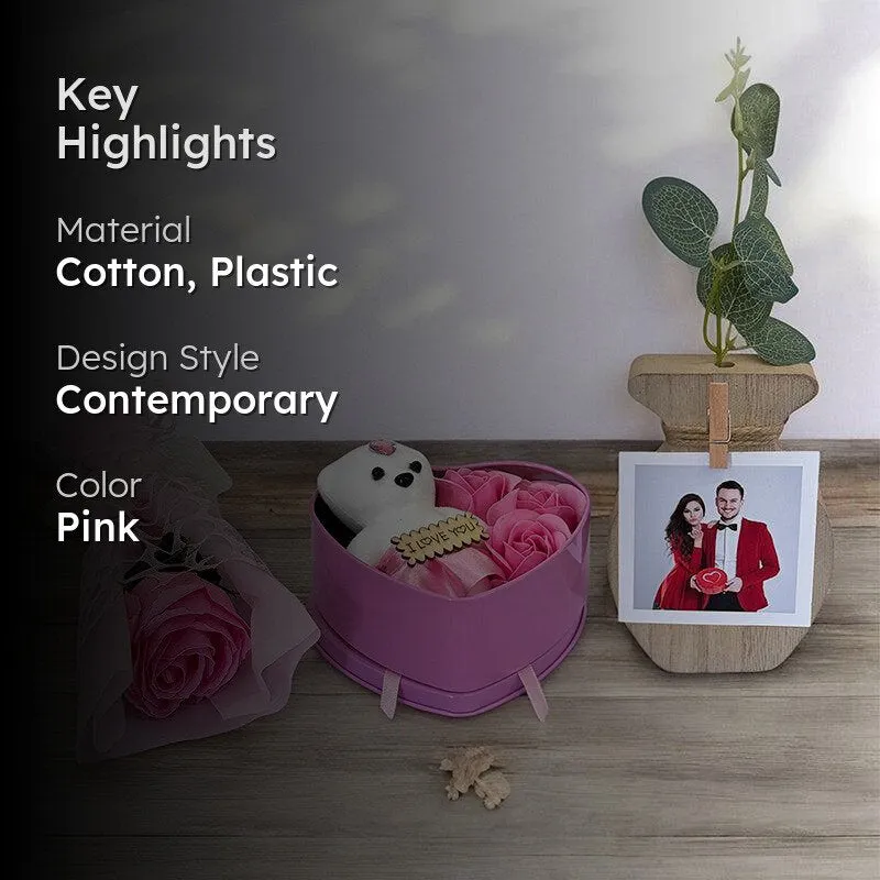 Pink Valentine gift set styled with teddy, roses and a photo-display vase