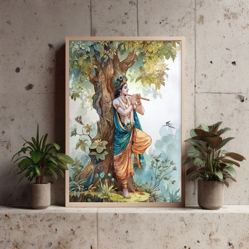 Sri Krishna Charming Fluit Playing Archival Paper Wall Art - Natural Brown Frame media 4