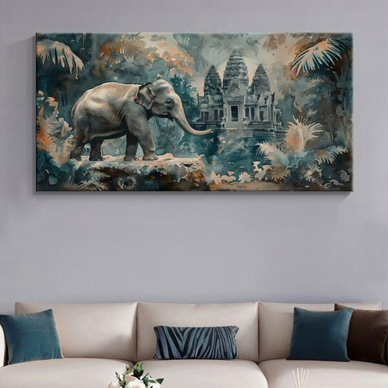 Sacred Temple With Gajendra Poly Canvas Wall painting