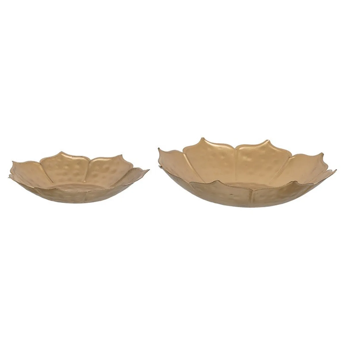 Two gold hammered urlis with petal-shaped rims on a white background