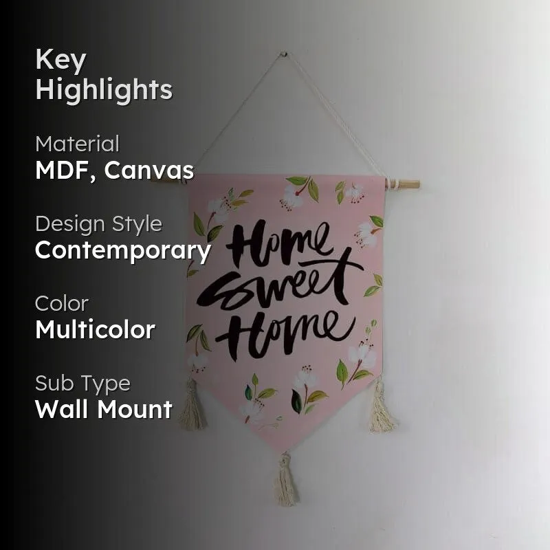 Key highlights graphic showing the pink wall hanging with material and style text