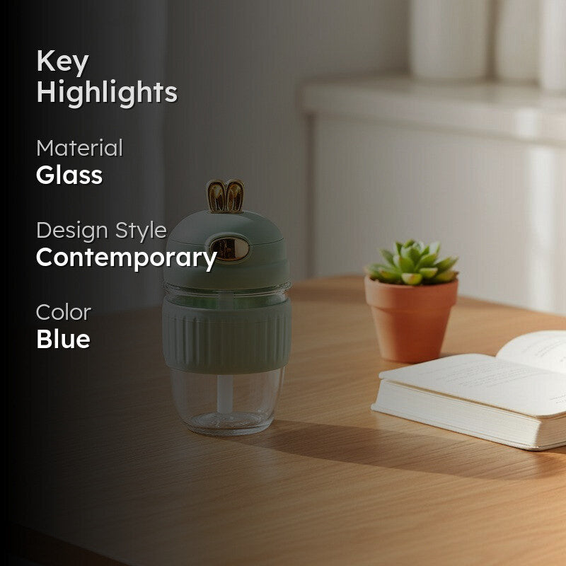 Blue Glass Tumbler with Adorable Bunny Ear Lid - 350 ML media 2
