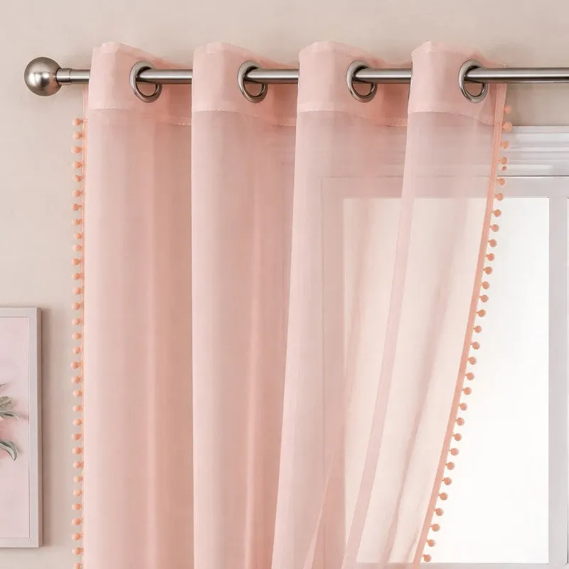 Urban Space Linen-Texture Curtain With Pom Pom (Blush Pink) - Set Of Two media 1