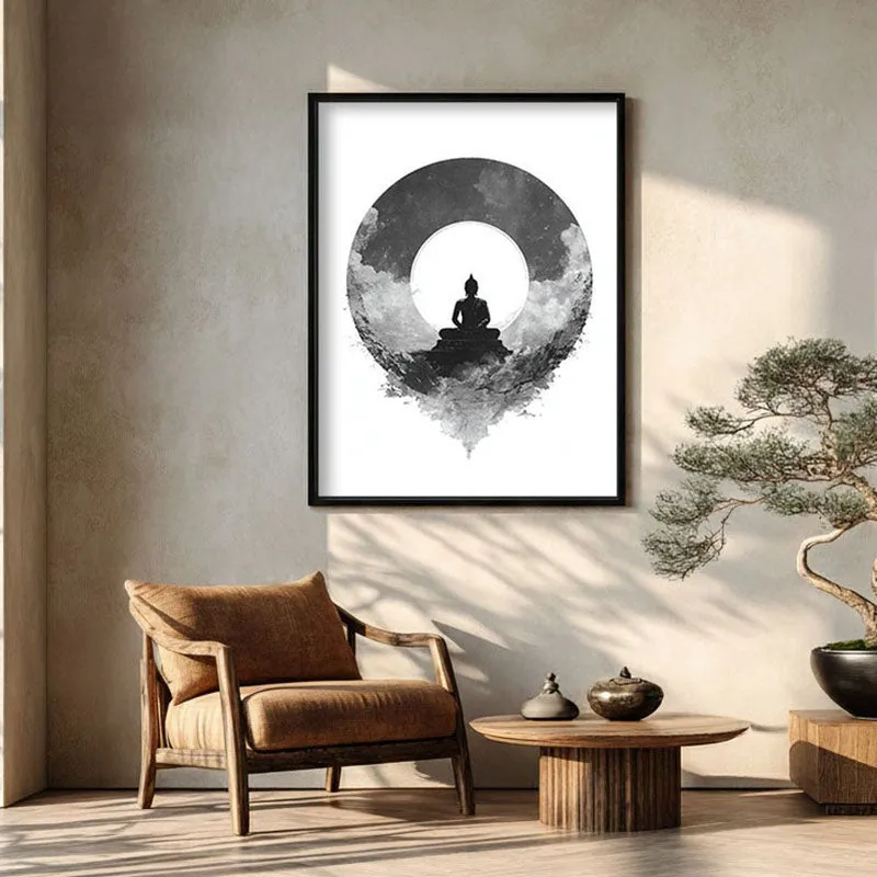 Meditation in Monochrome Buddha Wall Painting With Black Frame media 1