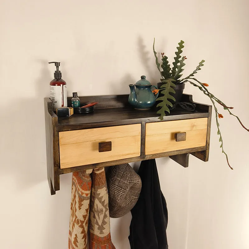 Sycamore OAK Wooden Wall Shelf with Drawers & Key Holders media 6