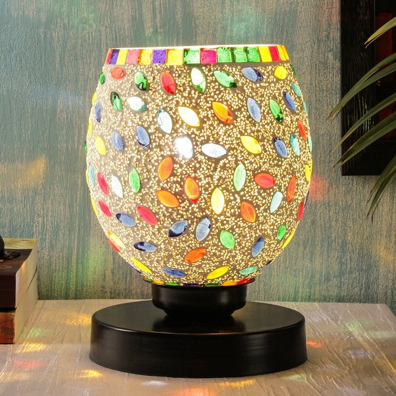 Flameora Mosaic Glass Table Lamp With Wooden Base - Multicolor