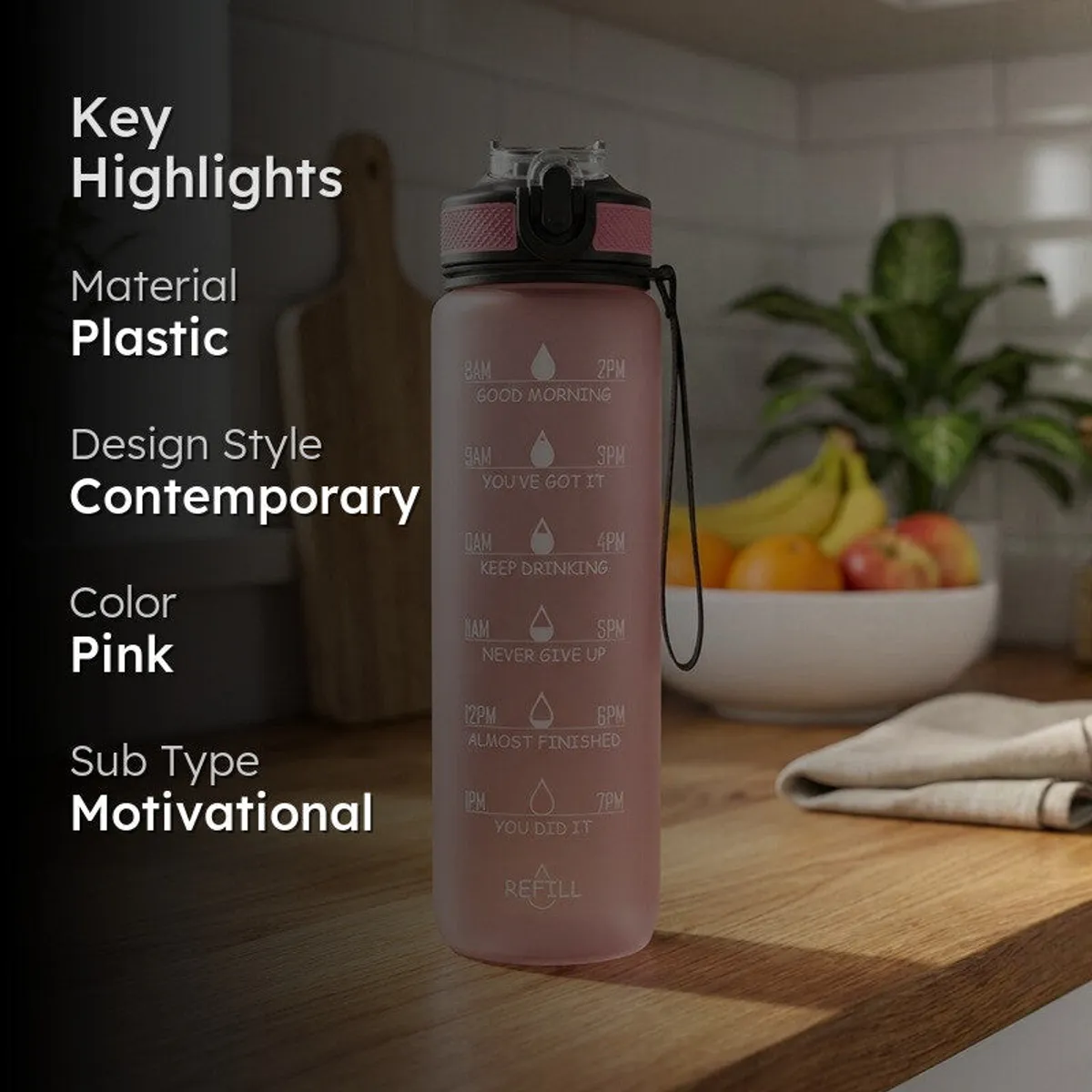 Solara Sportiq Plastic Water Bottle (1000 mL) - Pink - 2