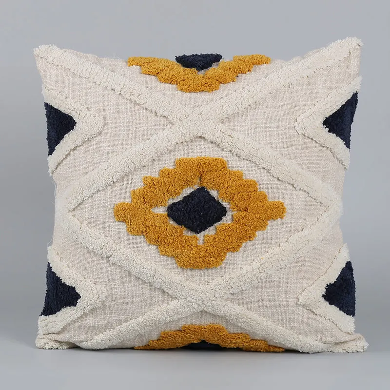 India Circus Terra Spades Tufted Cotton Cushion Cover (White & Yellow) - Set Of Two media 3