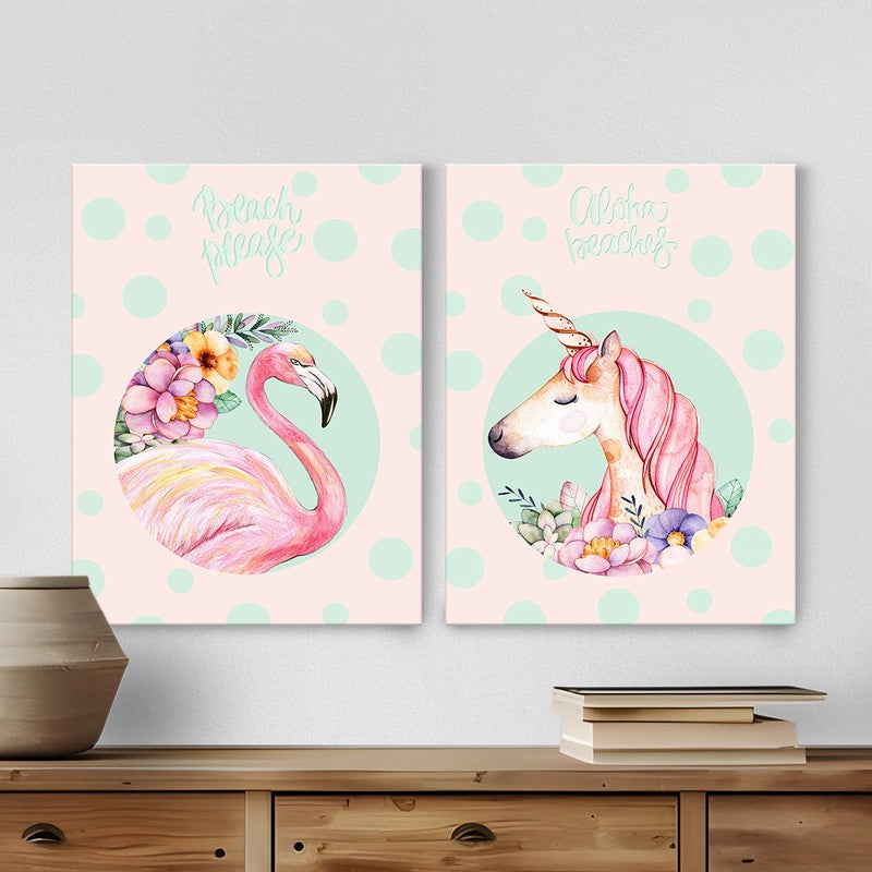 Unicorn & Flamingo Wall Art - Set Of Two