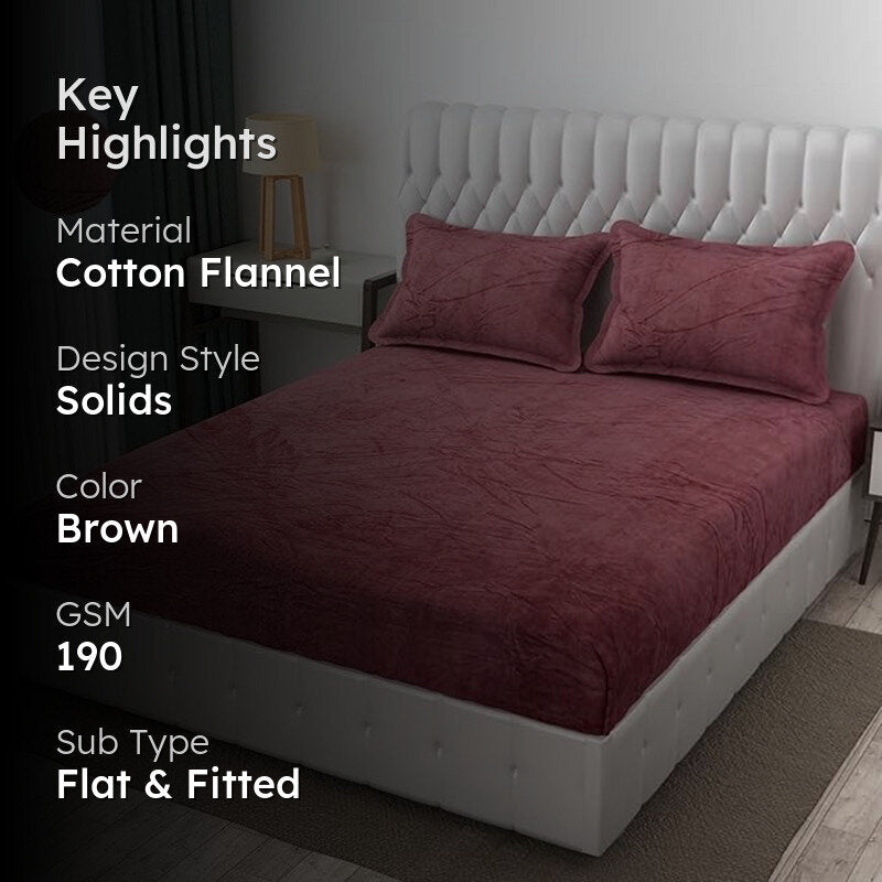 Sarva Solid Cotton Flannel Bedsheet (Brown) - 190 GSM media 2