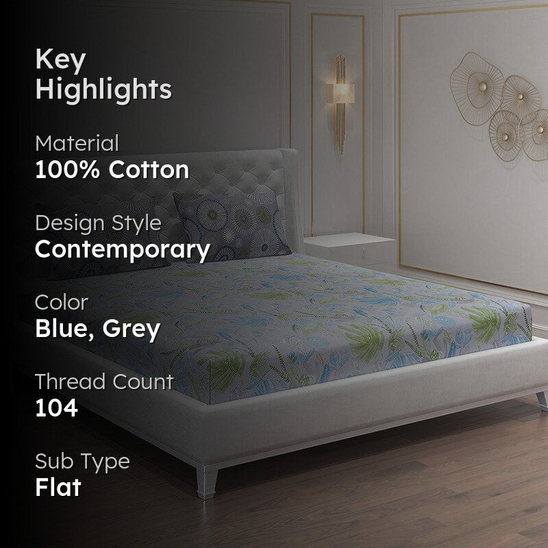 Monte Carlo Floral Dream Cotton Bedsheet(Blue,Grey) - 104 TC media 2