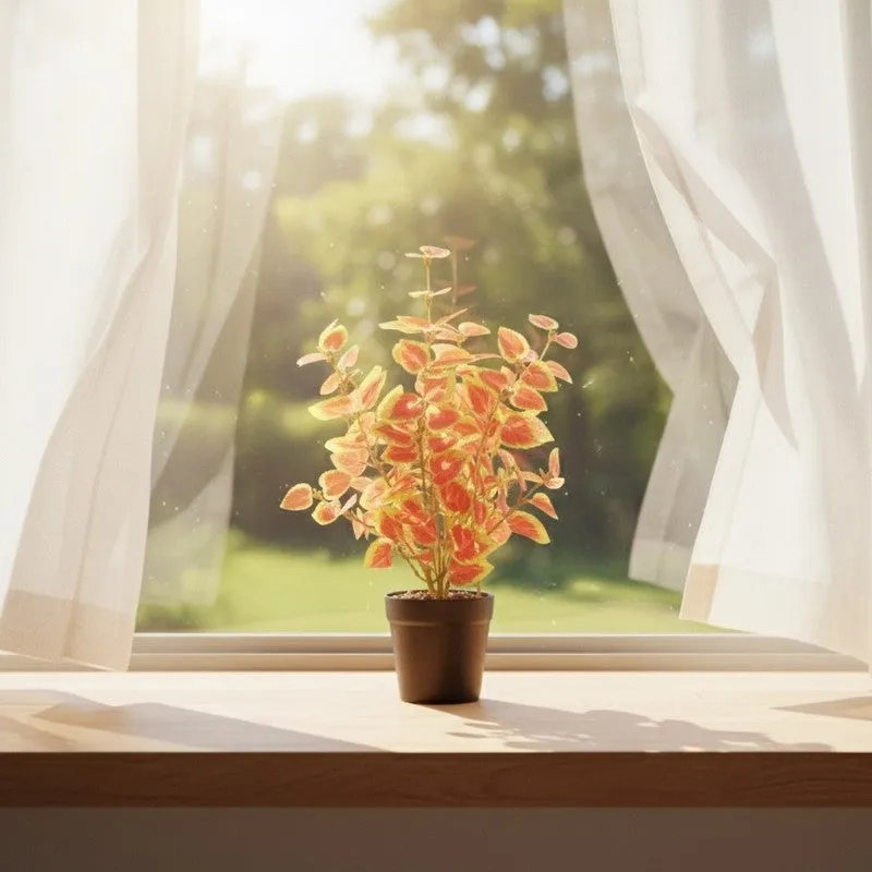 Artificial Natural Looking Coleous Big Plant With Black Fiber Pot (Orange) - 1.4 Feet media 5