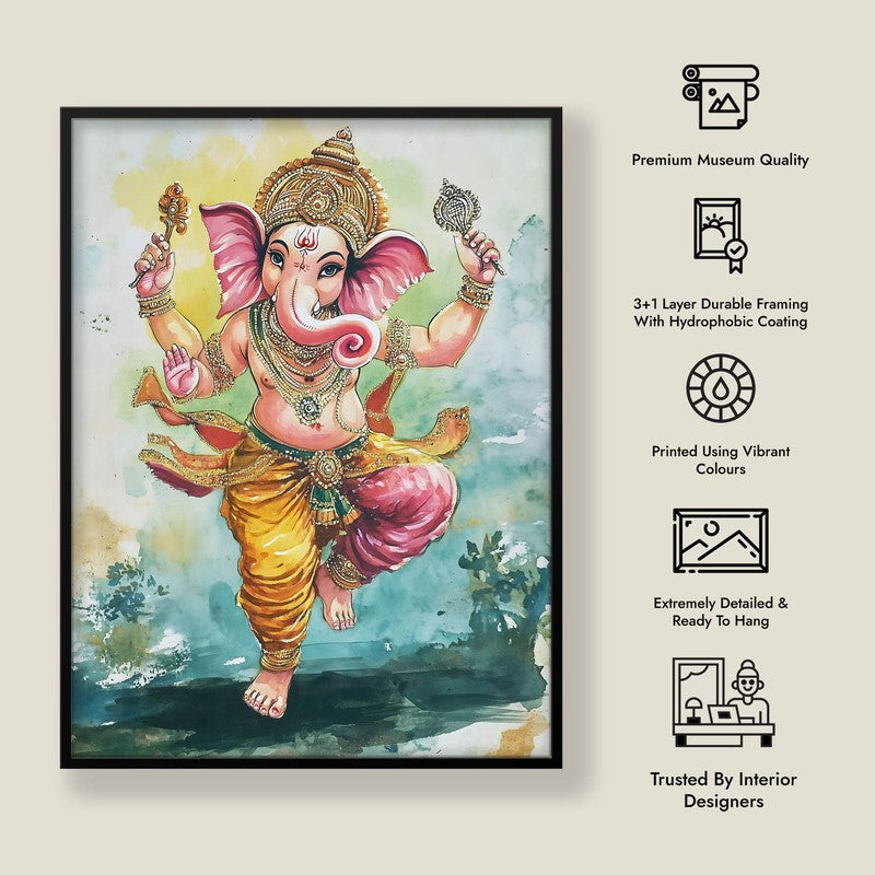 Nritya Ganesha Spiritual Archival Paper Wall Painting With Frame - Black media 9