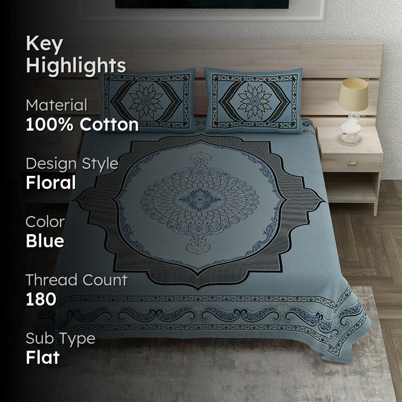 Cherry Shore Cotton Bedsheet (Sky Blue) - 180 TC media 2