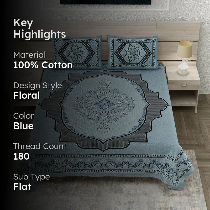 Sky blue bedsheet set displayed on a bed with matching pillow covers