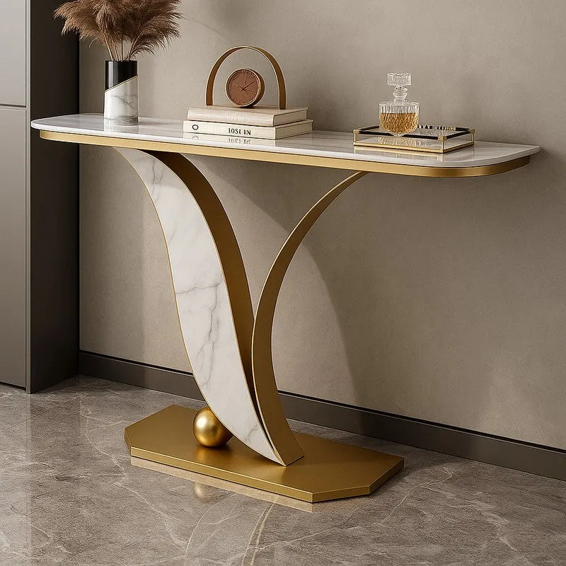 Sleek Curved Metal Console Table with Marble Top - Medium media 3