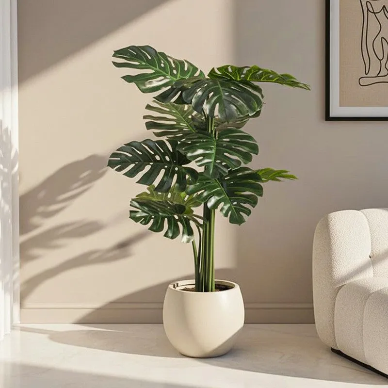 Faux Tall Green Monstera Swiss Cheese Plant With Black Plastic Pot - 3.94 ft media 1