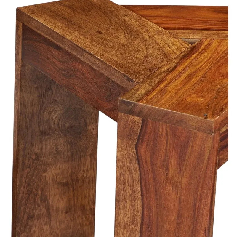 Close-up of the table corner, wood grain and glossy brown finish
