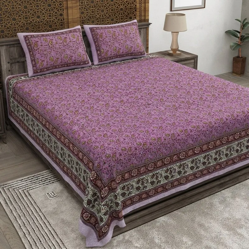 Floraus Cotton Bedsheet (Purple,White) - 240 TC media 1