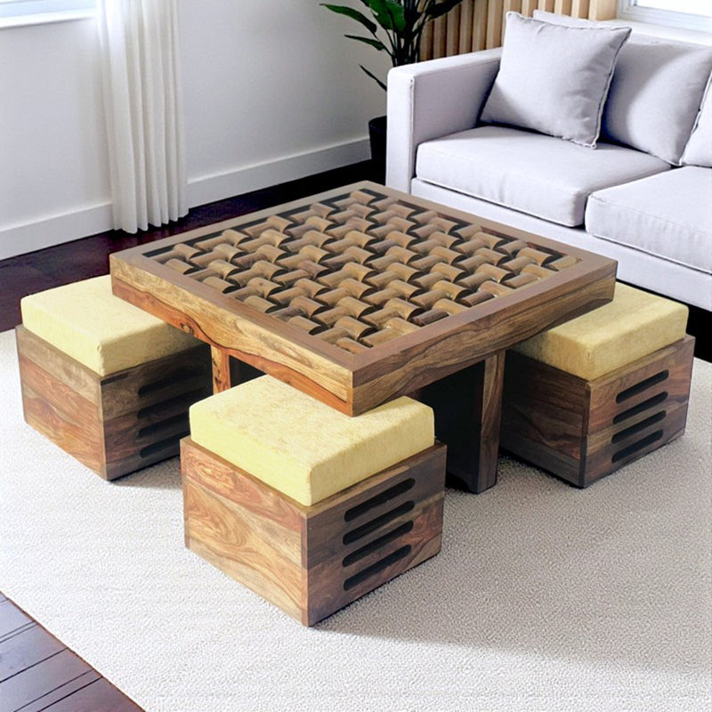 Delvex Sheesham Wooden Center Table with Stools and Cushions (Brown) - Nine Piece Set