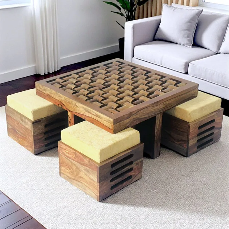 Delvex Sheesham Wooden Center Table with Stools and Cushions (Brown) - Nine Piece Set media 1