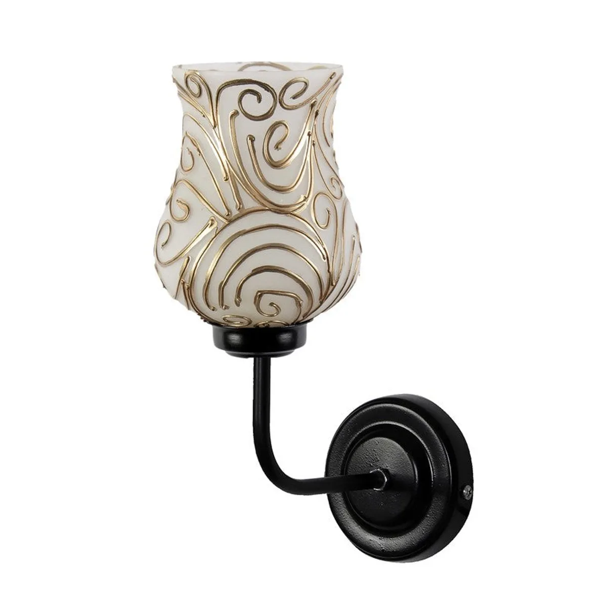 Unlit wall lamp with white glass shade and gold swirl motif