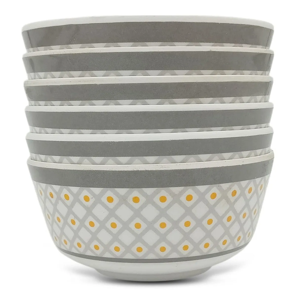 Stacked grey and white geometric snack bowls shown from the front