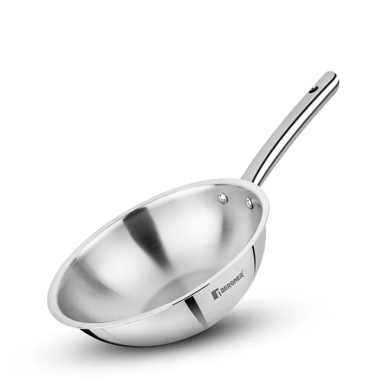 Bergner Tripro Triply Stainless Steel Wok With Lid - 2800 ML media 3