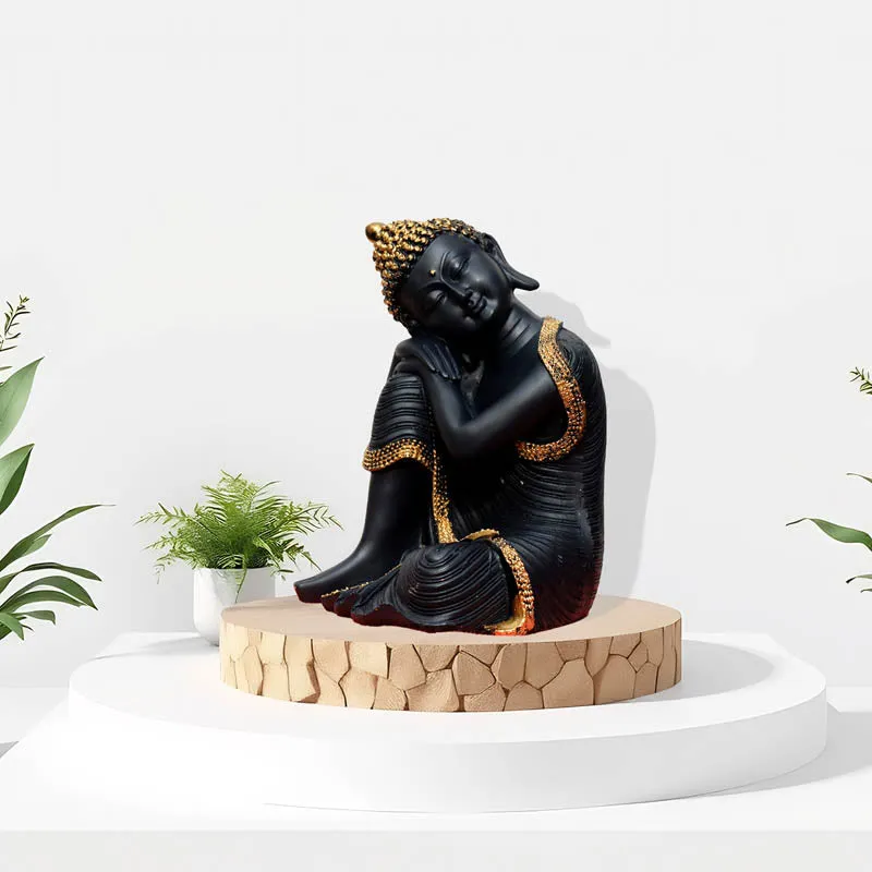 Zen Resting Buddha Showpiece - Black & Gold media 1