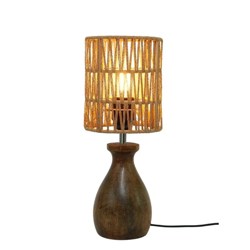 Canetra Amber Wooden Base Cotton Table Lamp - Beige,Brown media 4