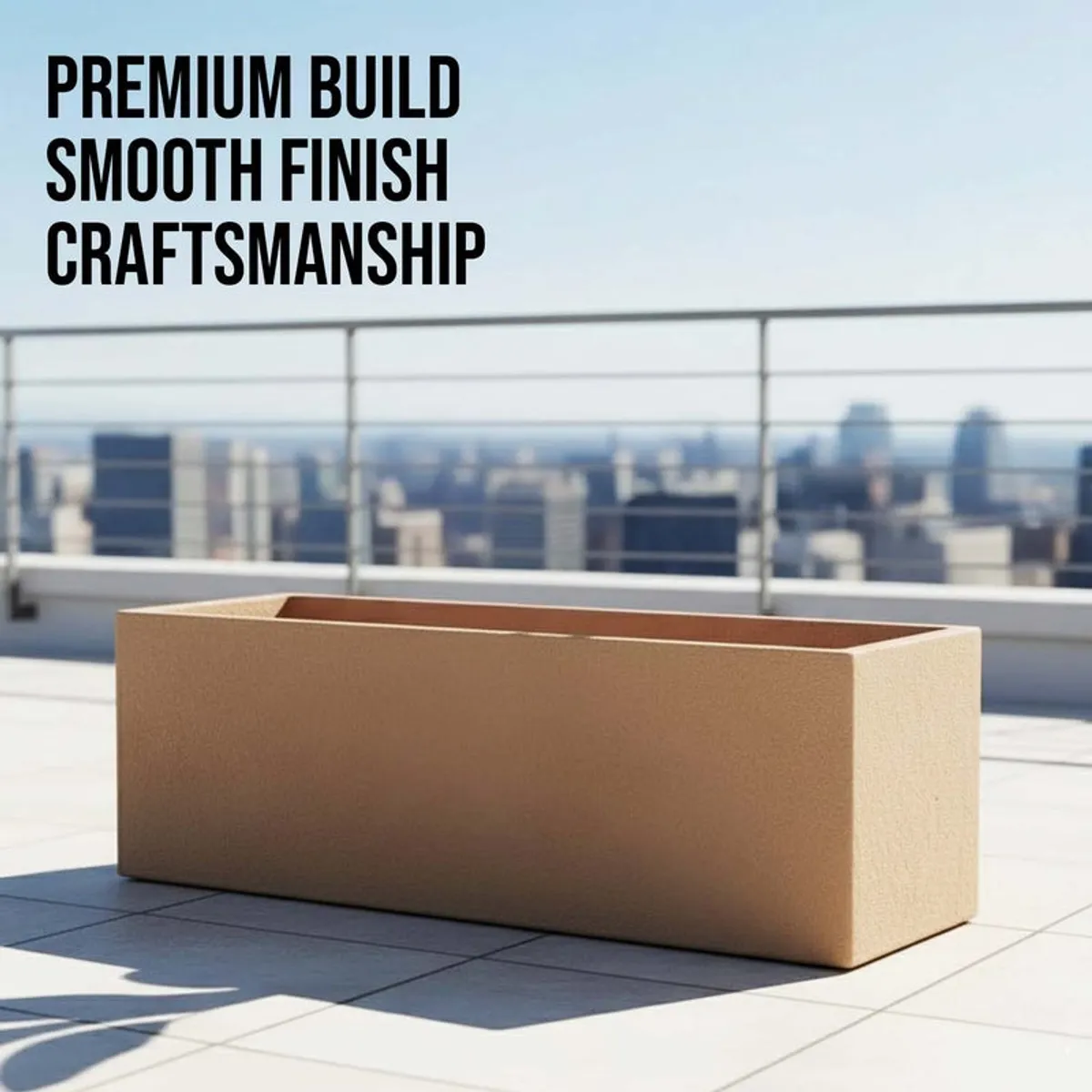 Brown rectangular planter shown on a rooftop terrace against a city view.