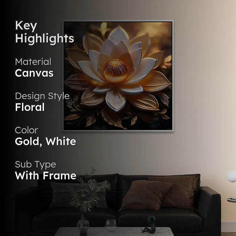 Gilded Padmam Canvas Wall Painting With Frame - White media 2