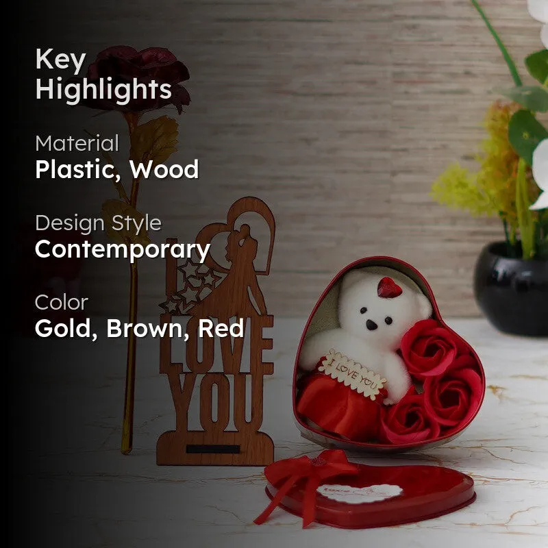Gift set display with red heart box, wooden decor and metallic rose