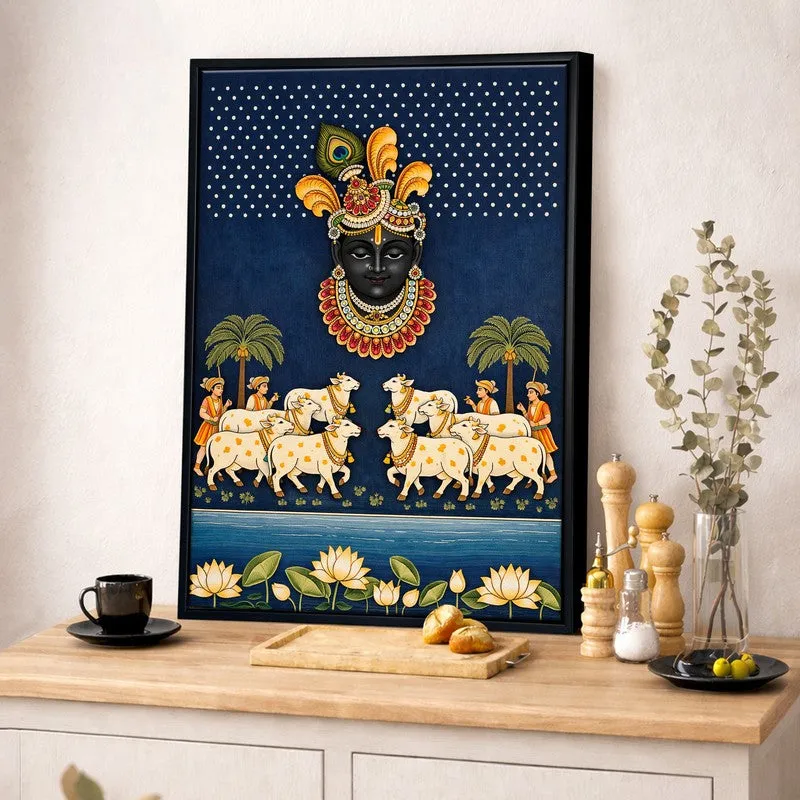 Krishna Gwalas Cow Canvas Wall Painting With Frame media 4