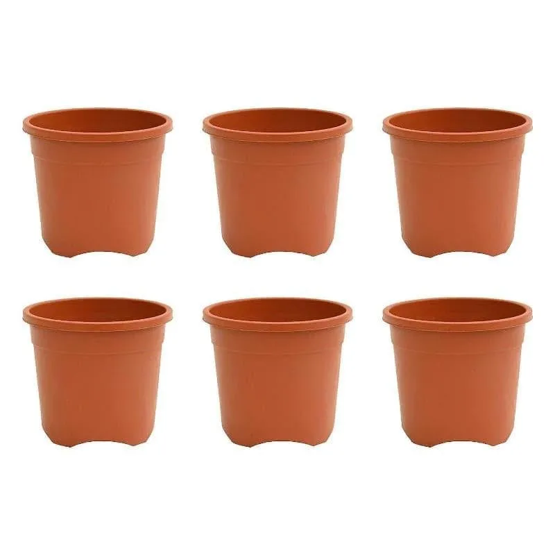 Six matching brown plastic plant pots arranged in two rows