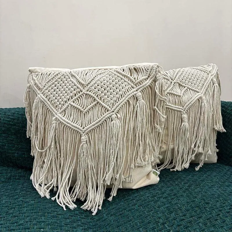 Earth & Twine Macrame Fringed Cotton Cushion Cover - Set Of Three media 1