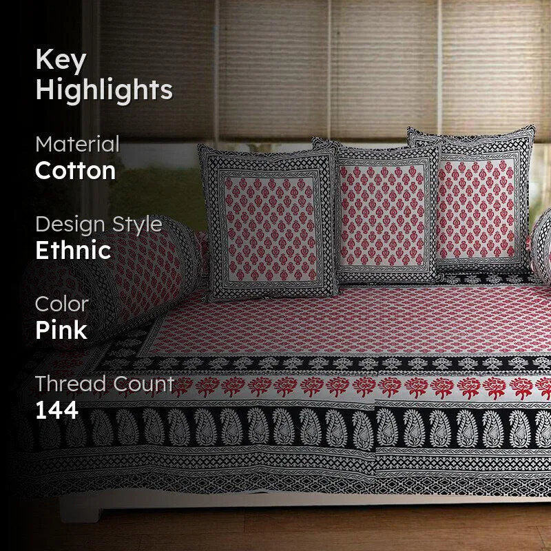 Mouparna Printed Diwan Set (Pink & Black) - Six Piece Set media 2
