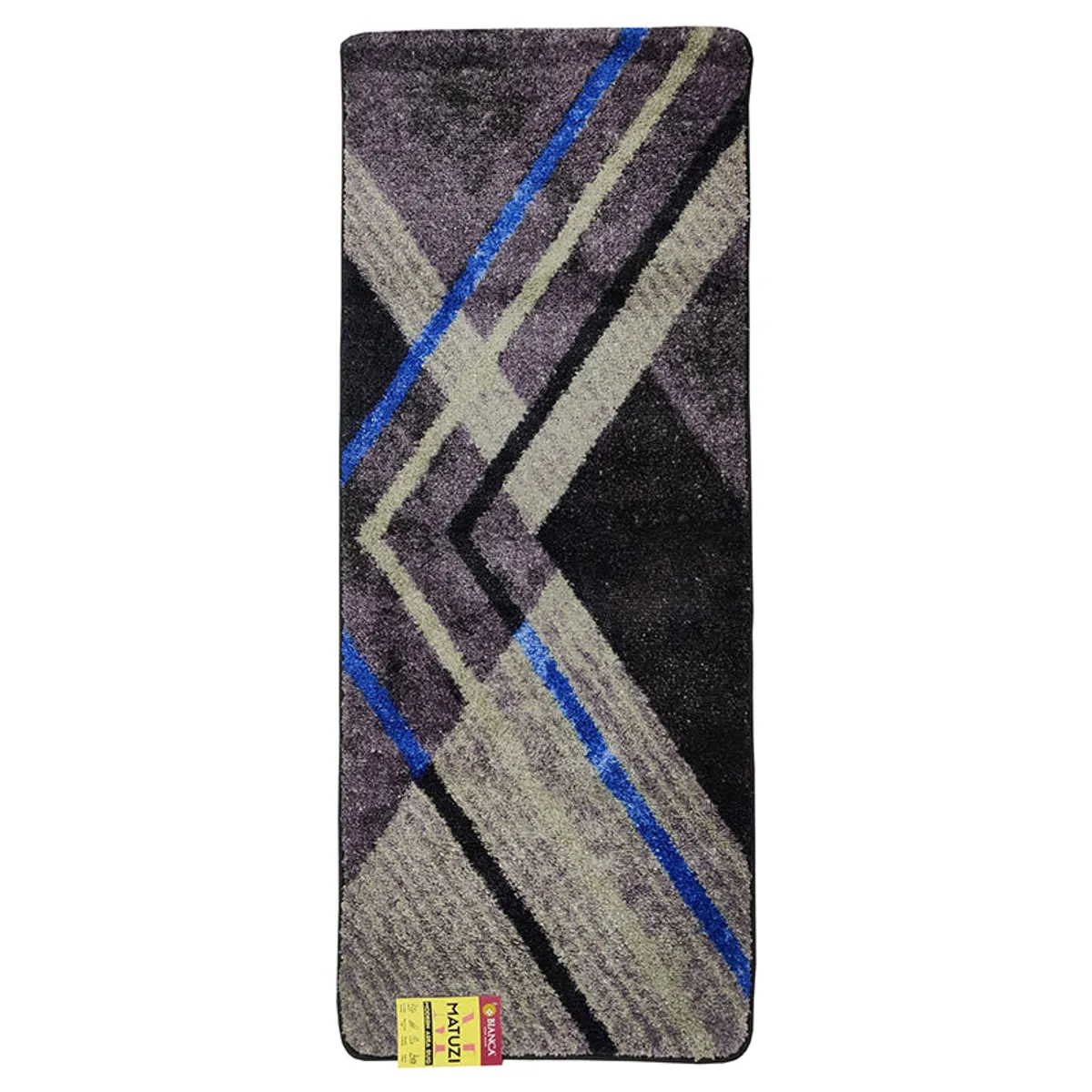 Top view of a dark grey geometric runner rug with blue stripe accents